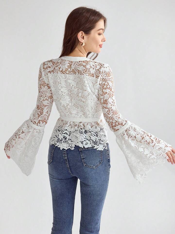 CM-TS566079 Women Elegant Seoul Style Solid Color V-Neck Hollow Out Long Sleeve Top - White