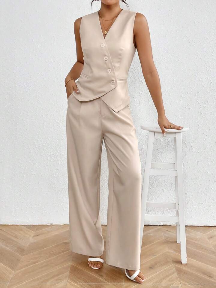 CM-SS004949 Women Elegant Seoul Style Asymmetrical Front Open V-Neck Vest With Wide Leg Pants - Set