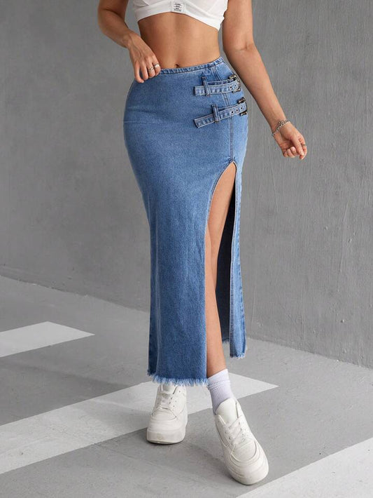 CM-BS748262 Women Casual Seoul Style Side Eyelet Buckle Slit Hem Long Denim Skirt