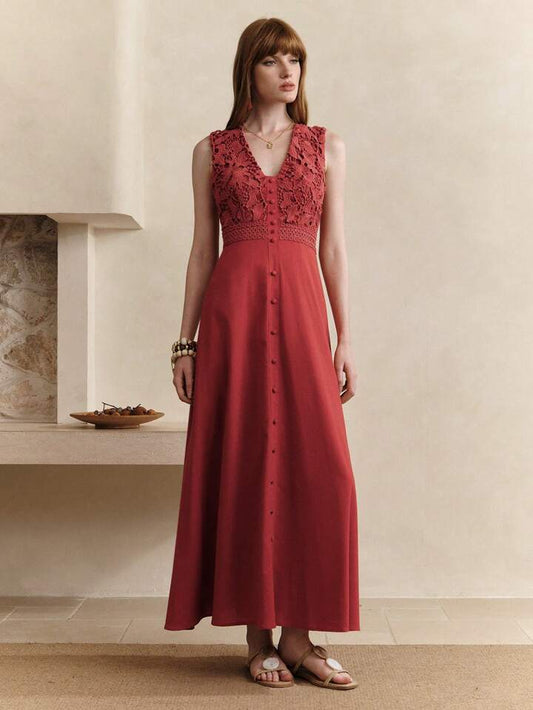 CM-DS111440 Women Trendy Bohemian Style Lace Patchwork V-Neck Sleeveless Waist-Cinched Hollow Trim Maxi Dress