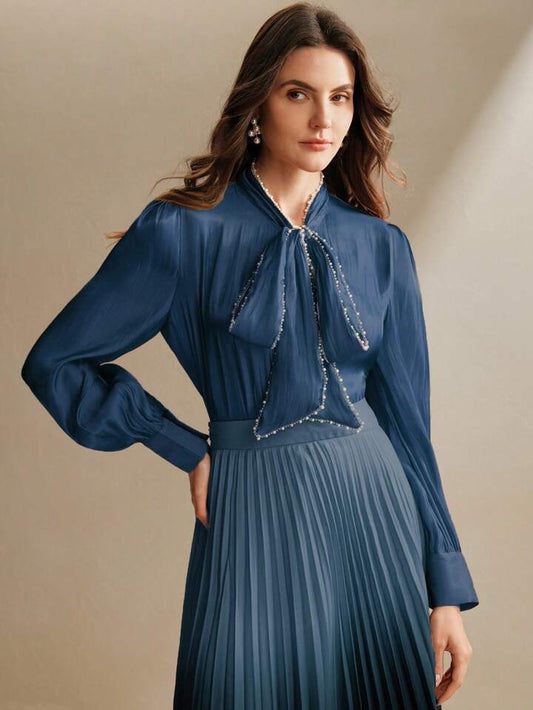 CM-TS431679 Women Elegant Seoul Style Tie Neck Pearl Knot Loose Long Sleeve Blouse - Navy Blue