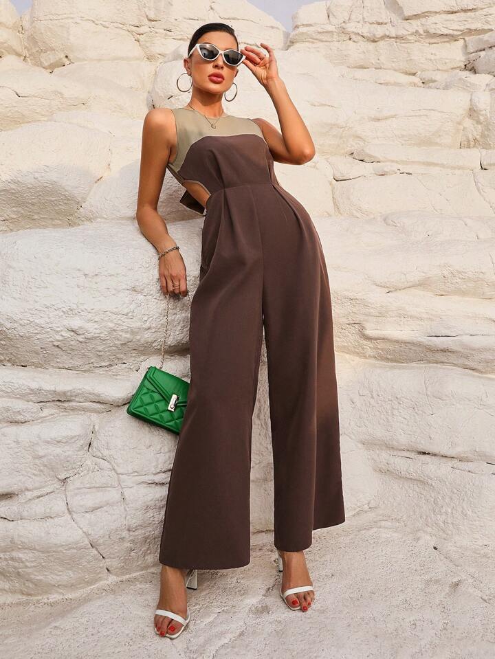 CM-JS820189 Women Casual Seoul Style Hollow Out Tie Back Colorblock Sleeveless Jumpsuit