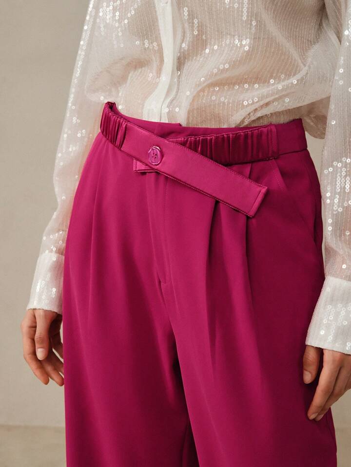 CM-BS900319 Women Elegant Seoul Style Elastic Waist Pleated Straight Leg Trousers - Hot Pink