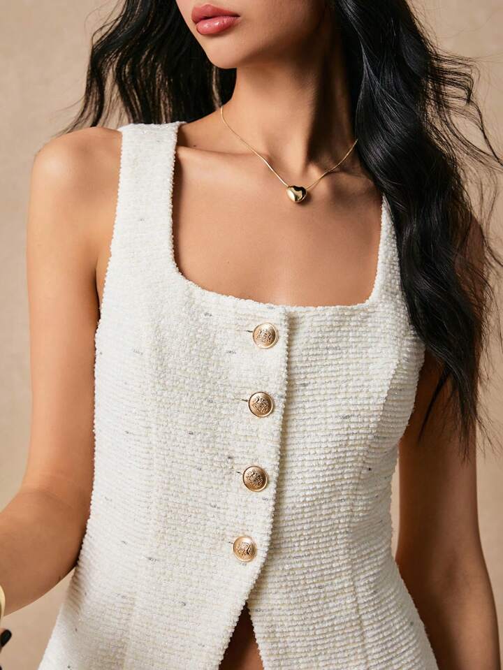 CM-SS551165 Women Elegant Seoul Style Single-Breasted Square Neck Vest With Pleated Midi Skirt - Set