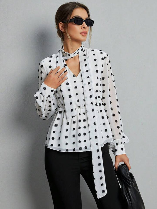 CM-TS424444 Women Casual Seoul Style Keyhole Neckline Polka Dot Printed Ruffle Hem Shirt