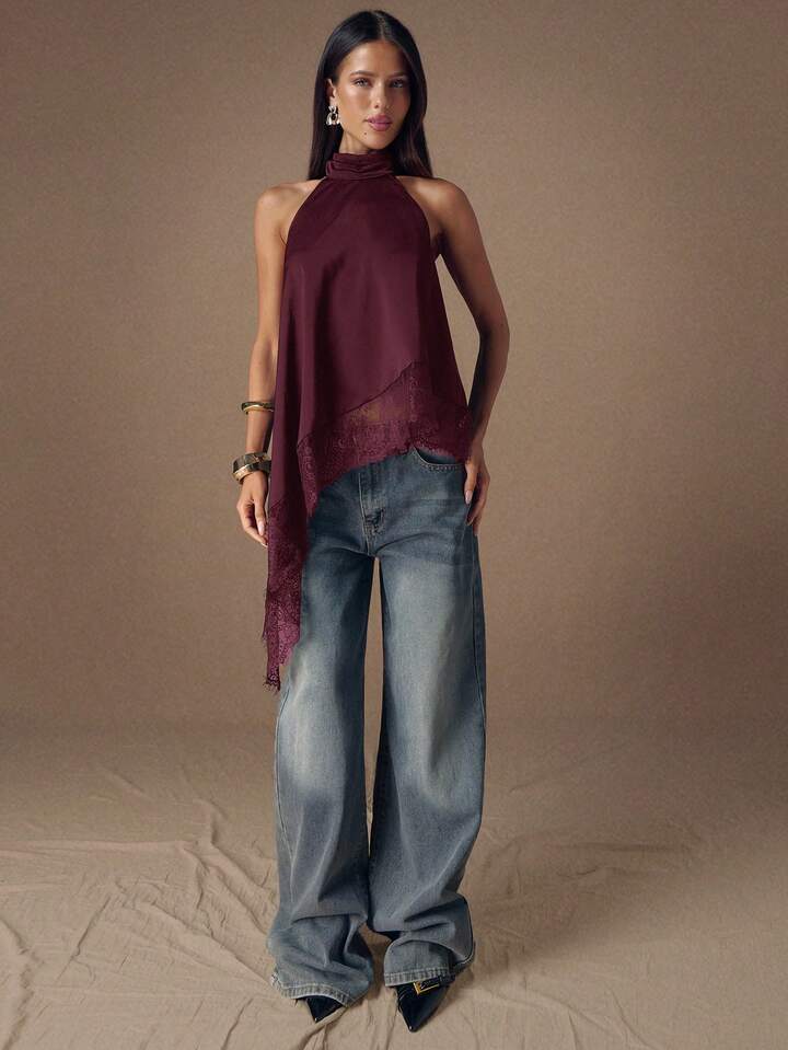 CM-TS449930 Women Elegant Seoul Style Lace Satin Patchwork Sleeveless Trim Backless Camisole Top - Maroon