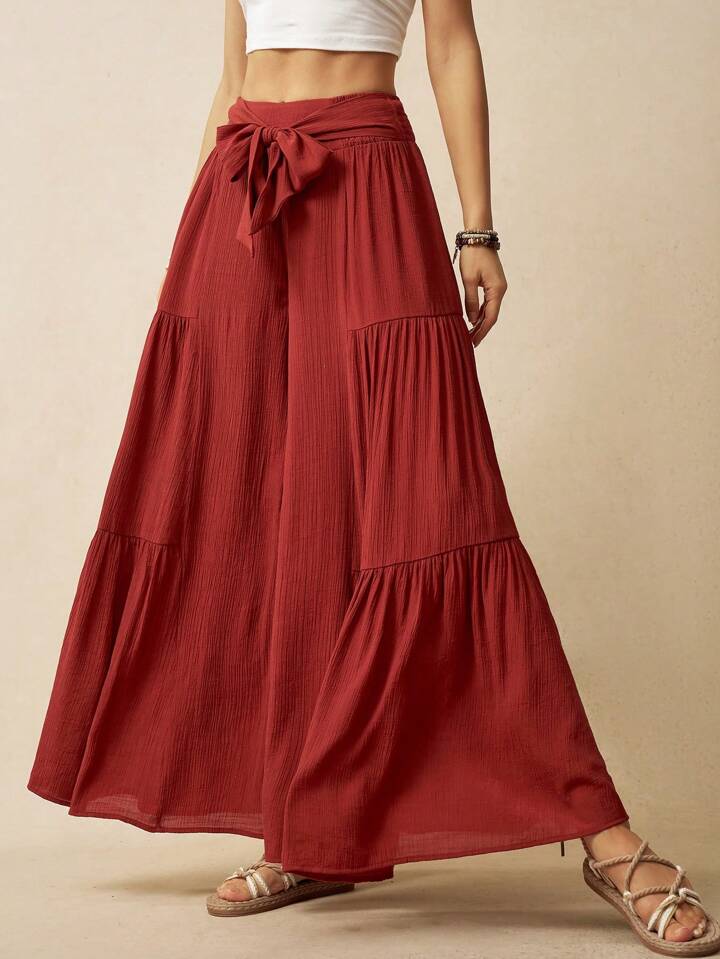 CM-BS131063 Women Trendy Bohemian Style Solid Color Drop Waist A-Line Pants - Burgundy