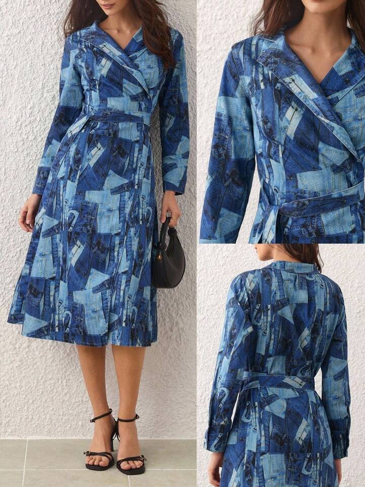 CM-DS016397 Women Elegant Seoul Style V-Neck Long Sleeve Patchwork Print Overlap Collar Denim Dress