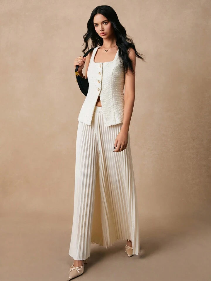CM-SS551165 Women Elegant Seoul Style Single-Breasted Square Neck Vest With Pleated Midi Skirt - Set