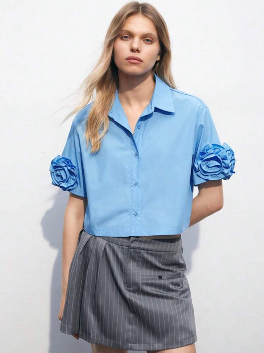 CM-TS467431 Women Casual Seoul Style Collar Neckline Floral Decor Short Sleeve Shirt - Baby Blue