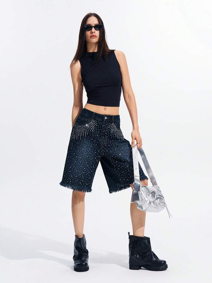 CM-BS943987 Women Casual Seoul Style Rhinestone Side Pockets Drop Waist Loose Denim Shorts