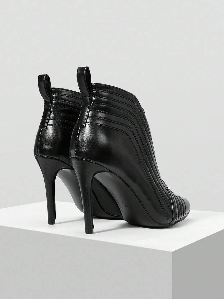 CM-SHS066669 Women Trendy Seoul Style Quilted Line Pointed Toe High Heel Ankle Boots - Black