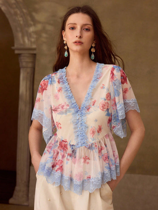 CM-TS903484 Women Elegant Seoul Style V-Neck Short Sleeve Mesh Printed Lace Patchwork Blouse - Pink