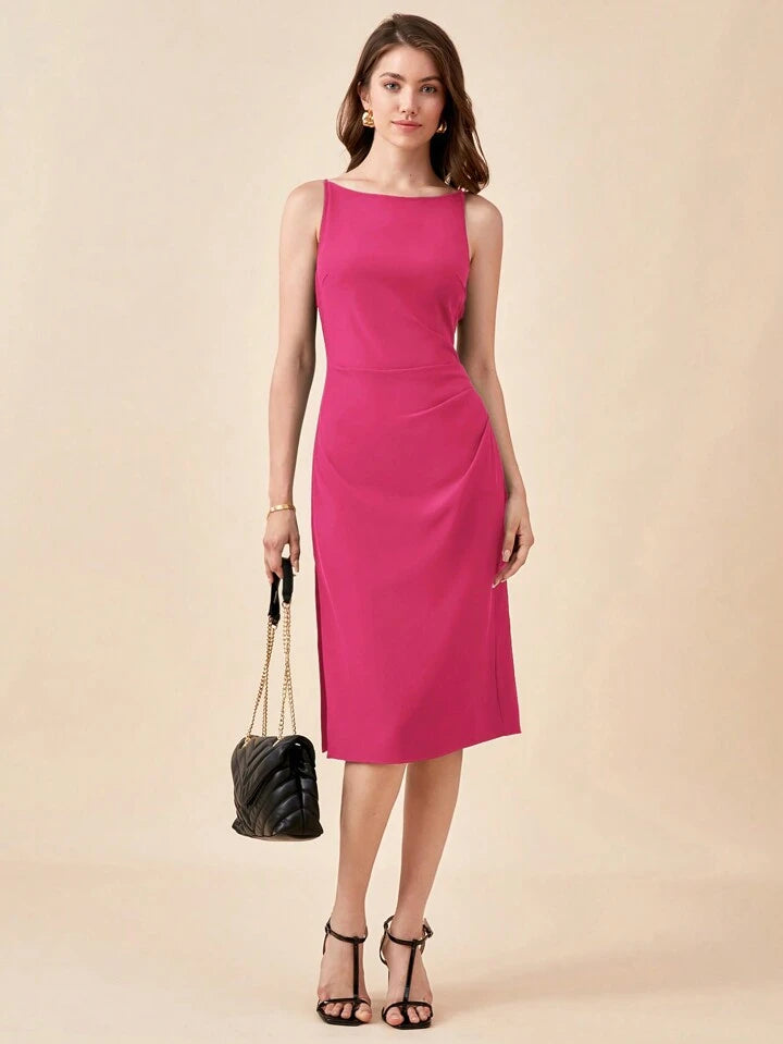 CM-DS850959 Women Elegant Seoul Style Round Neck Spaghetti Strap Midi Dress - Hot Pink