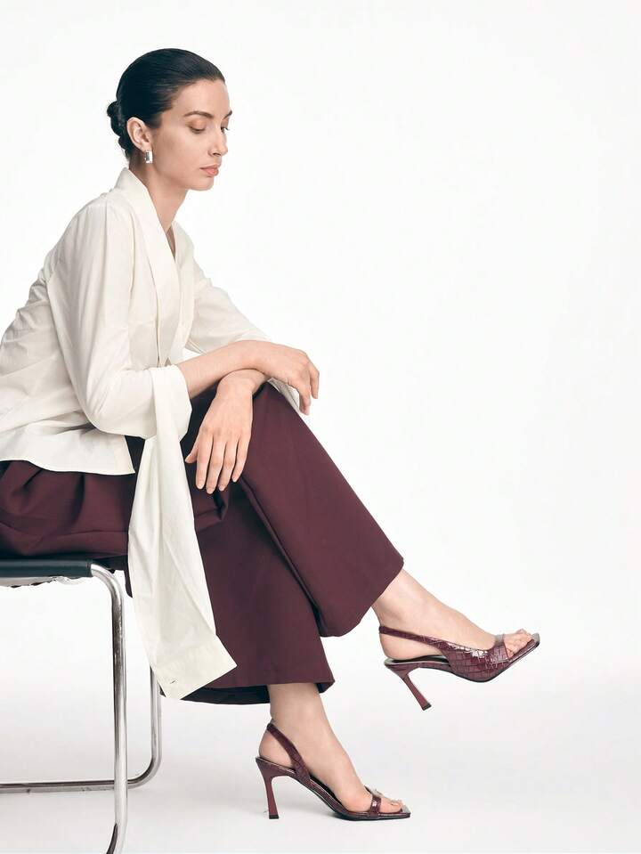 CM-SHS994189 Women Trendy Seoul Style Crocodile Pattern Slingback Square Toe Stiletto Sandals - Burgundy