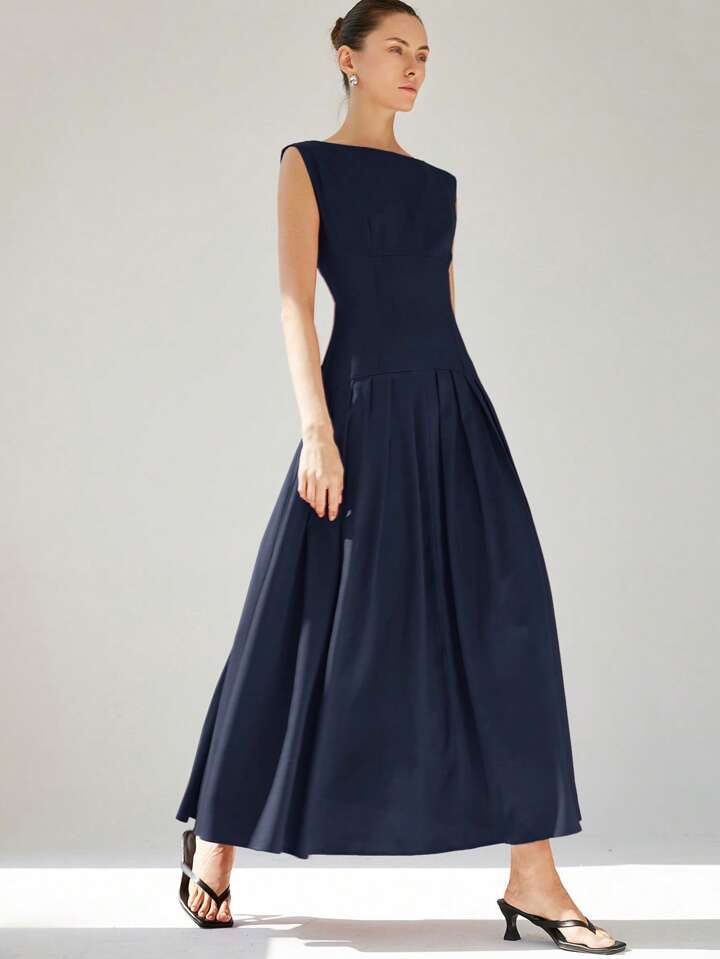 CM-DS247303 Women Elegant Seoul Style Sleeveless Cinched Waist Low Waist Pleated Ruffle Hem Long Dress - Navy Blue