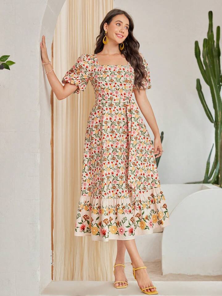 CM-DS701592 Women Trendy Bohemian Style Floral Print Square Neck Puff Sleeve Dress