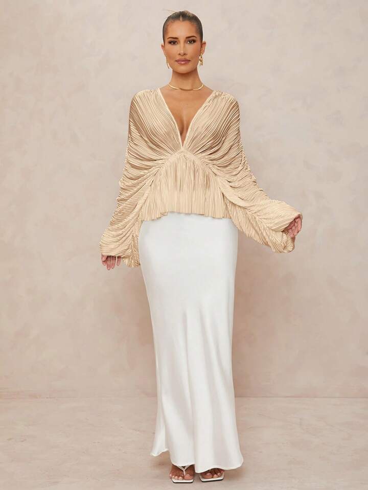 CM-TS261324 Women Elegant Seoul Style Deep V-Neck Long Sleeve Loose Fit Ruffled Hem  Oversized Blouse - Khaki