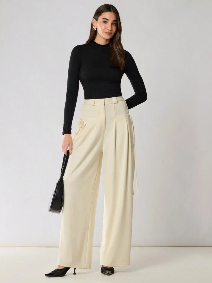 CM-BS518013 Women Casual Seoul Style Solid Color Drawstring Pocket Minimalist Pants - Apricot