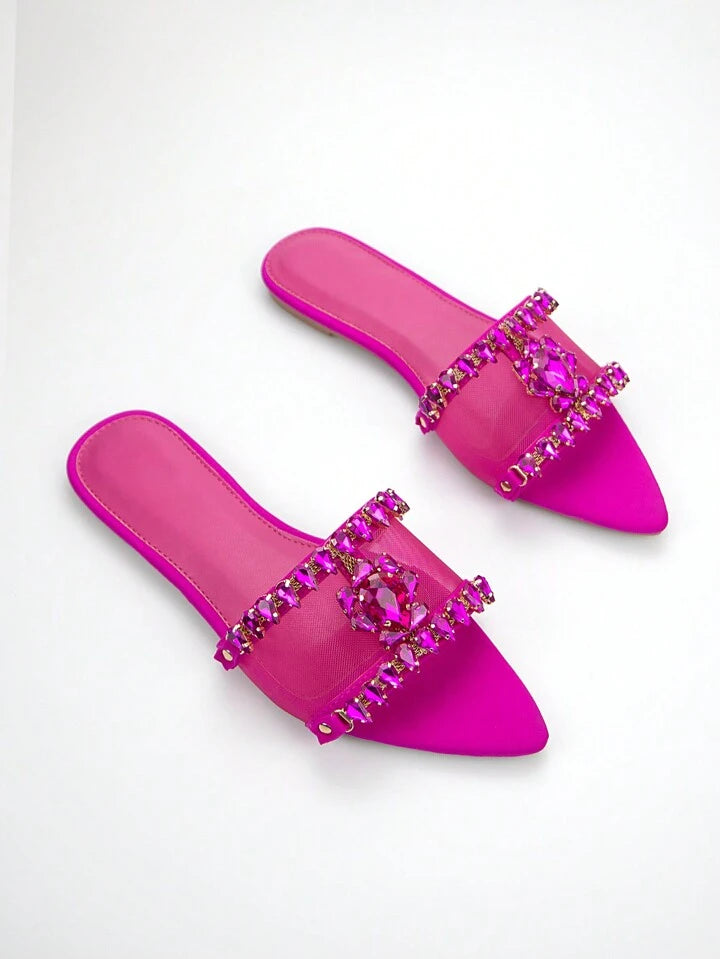 CM-SHS612871 Women Trendy Seoul Style Mesh 3D Floral Rhinestone Chain Flat Sandals - Hot Pink