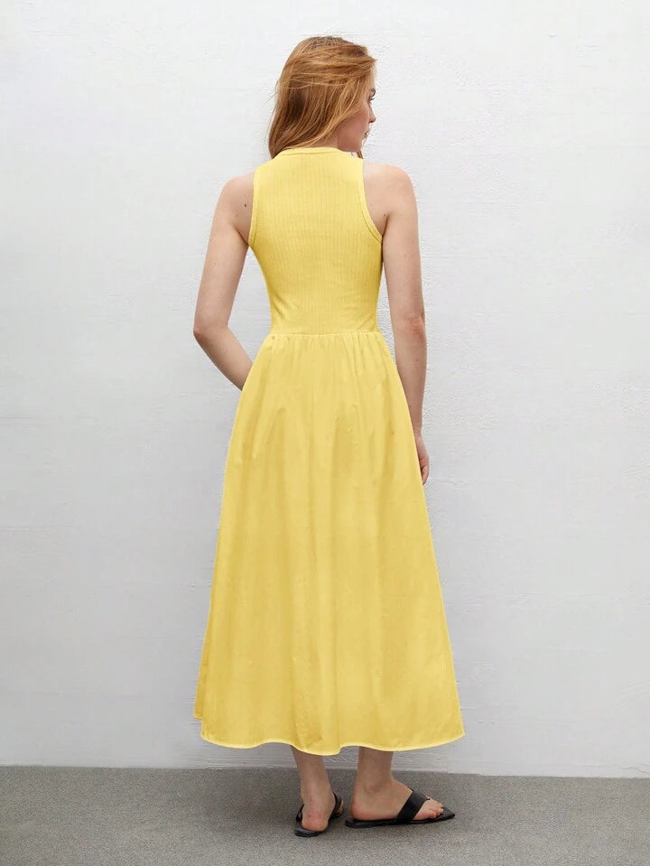 CM-DS644434 Women Trendy Bohemian Style Round Neck Sleeveless High Waist Slim Fit Dress - Yellow