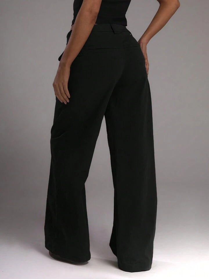 CM-BS943326 Women Casual Seoul Style Twill Slouch Fit Wide Leg Trousers - Black