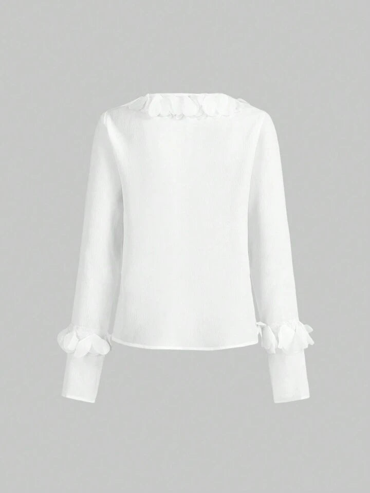 CM-TS476339 Women Elegant Seoul Style V-Neck Long Sleeve 3D Floral Decoration Shirt - White