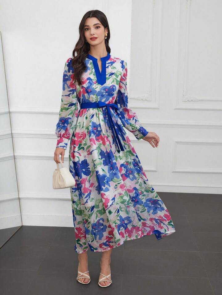 CM-DS149561 Women Trendy Bohemian Style Notched Collar Lantern Sleeve Dress