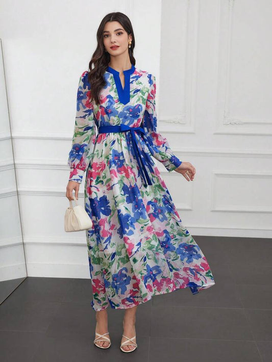 CM-DS149561 Women Trendy Bohemian Style Notched Collar Lantern Sleeve Dress