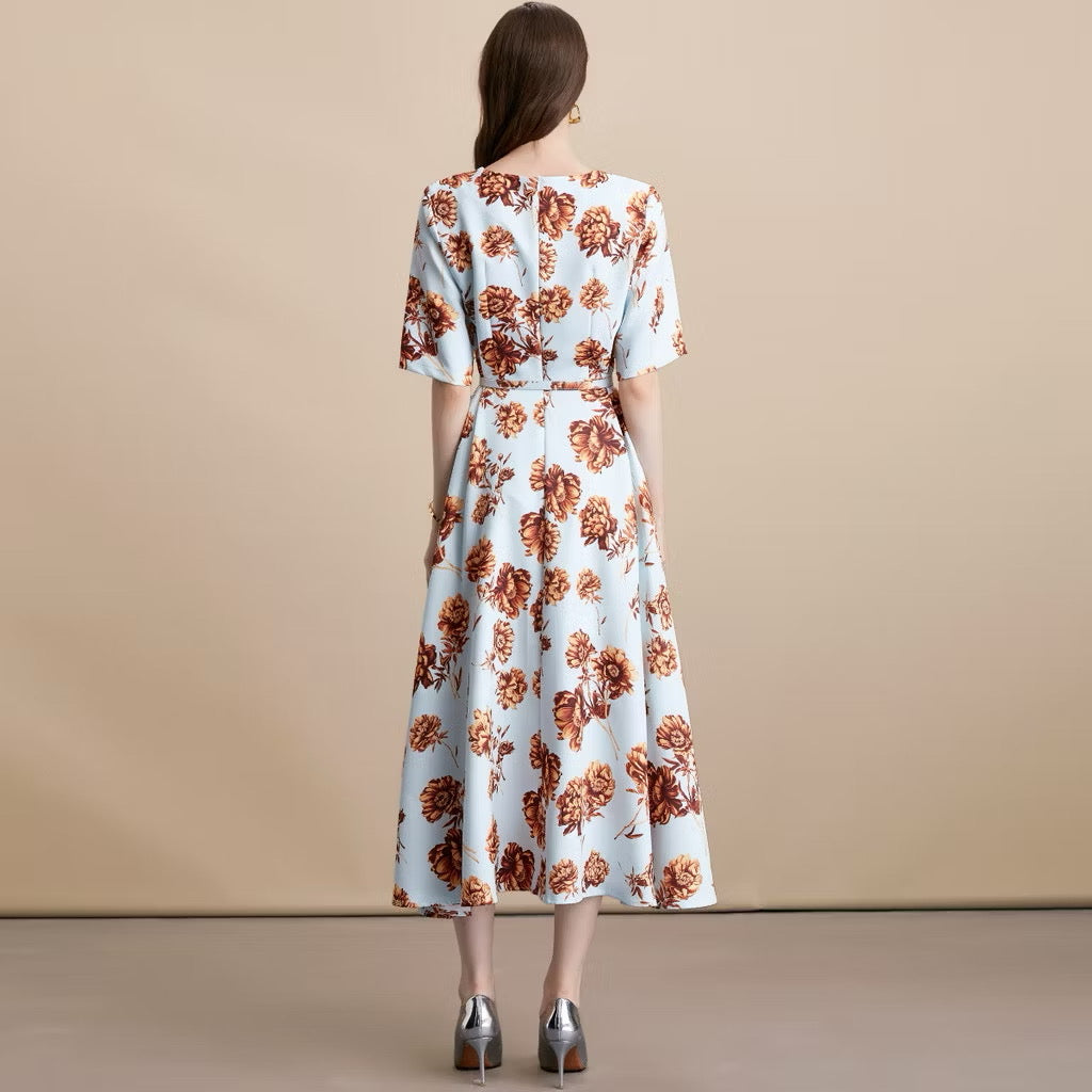 CM-DY054107 Women Elegant European Style Round Neck Short Sleeve Pinched Waist Long Dress