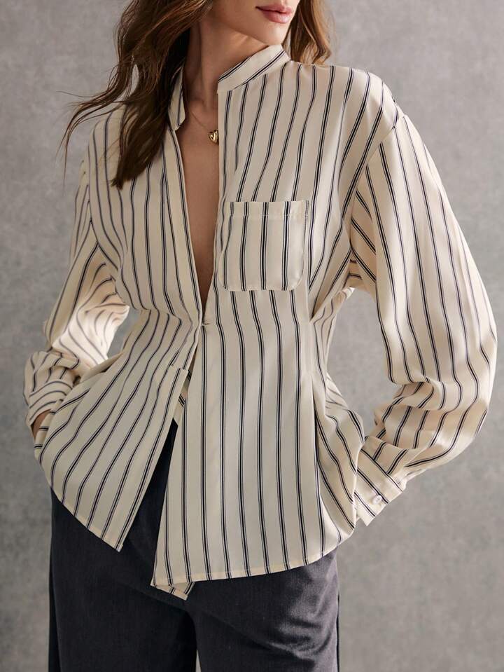CM-TS659443 Women Casual Seoul Style Striped ShirtV-Neck Long-Sleeved Mid-Length Shirt - Apricot