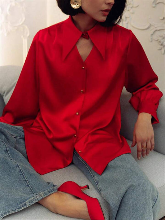 CM-TS338316 Women Elegant Seoul Style Open Shirt Collar Long Sleeve Blouse - Red