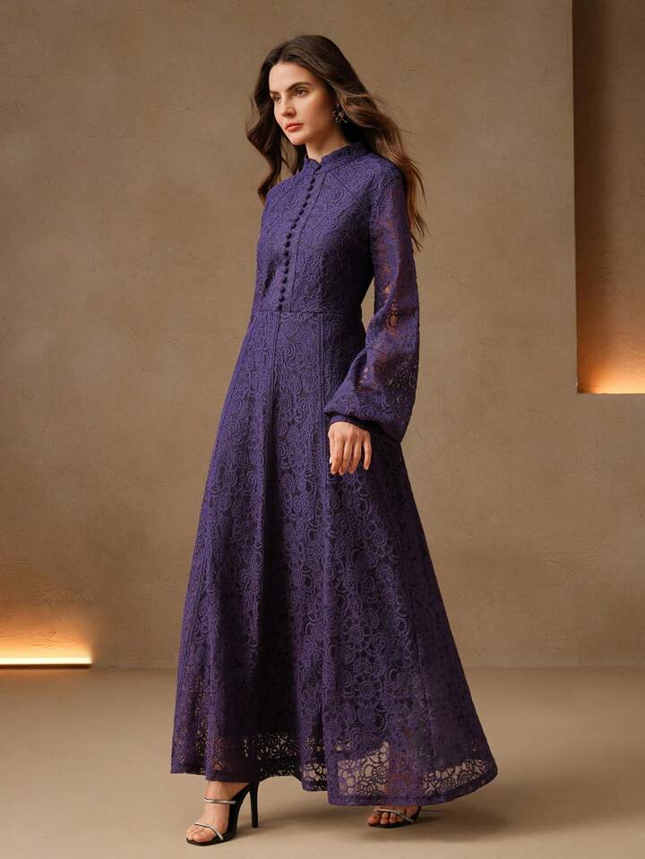 CM-DS393199 Women Elegant Seoul Style Lace Mandarin Collar Long Sleeve A-Line Dress - Purple