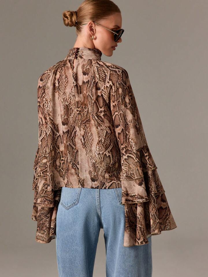 CM-TS424122 Women Elegant Seoul Style High Neck Print Extra Long Bell Sleeve Ruffle Layer Chiffon Blouse