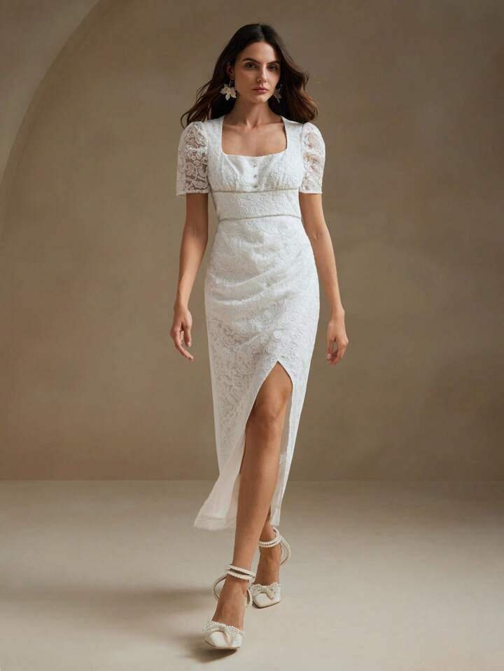 CM-DS149969 Women Elegant Seoul Style Square Neckline Puff Sleeve Lace Slit Midi Dress - White