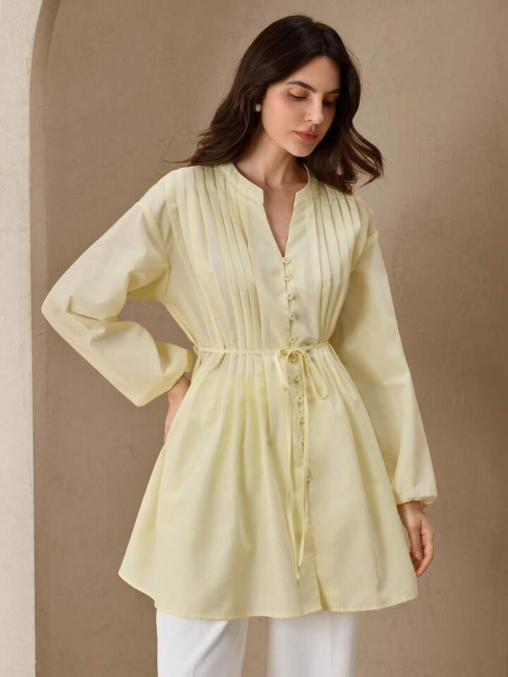CM-TS894862 Women Elegant Seoul Style V-Neck Ruched Tie Front Long Sleeve Shirt - Pale Yellow
