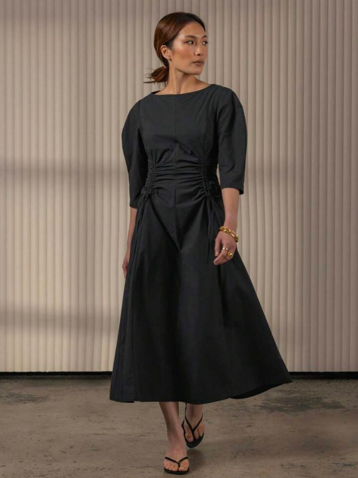 CM-DS168360 Women Elegant Seoul Style Crew Neck 3/4 Puff Sleeve Cinch-Waist A-Line Midi Dress