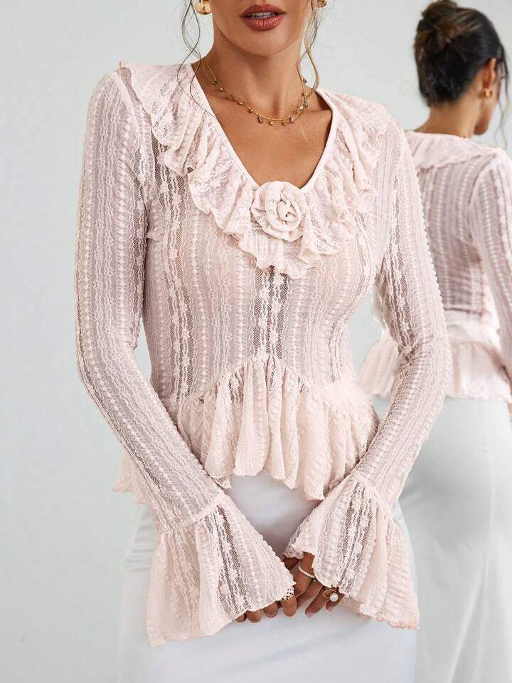 CM-TS783398 Women Casual Seoul Style Lace V-Neck Ruffle Hem Long Sleeve T-Shirt - Pink