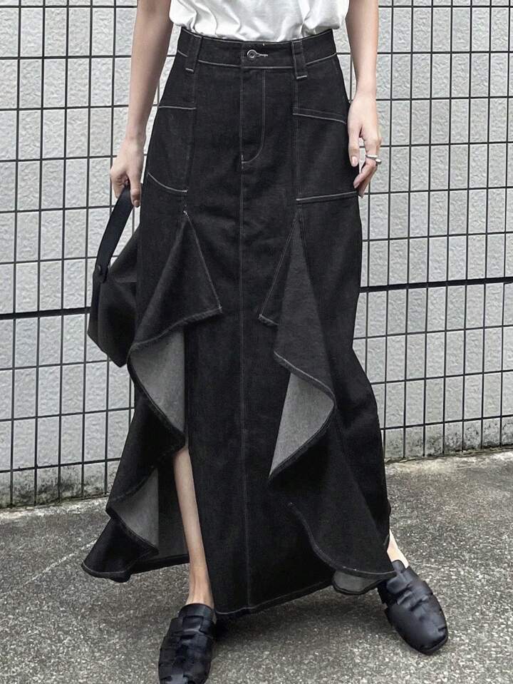 CM-BS727918 Women Casual Seoul Style Multi-Layered Ruffle Patchwork Denim Skirt With Side Slit
