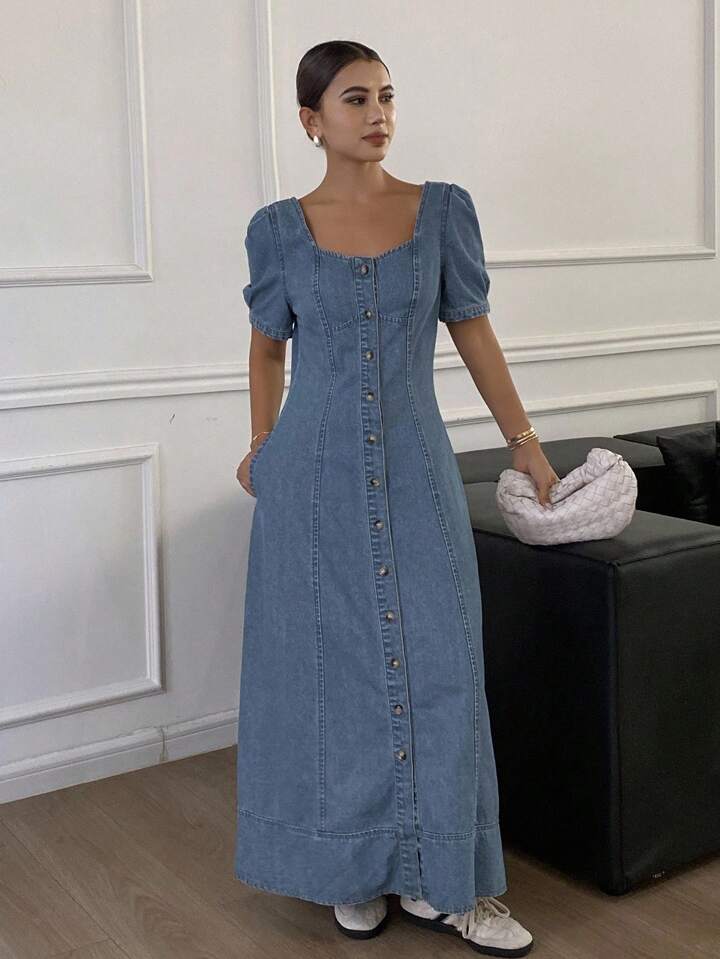 CM-DS733777 Women Casual Seoul Style Square Neck Puff Sleeve Waist Cinched Denim Dress - Blue