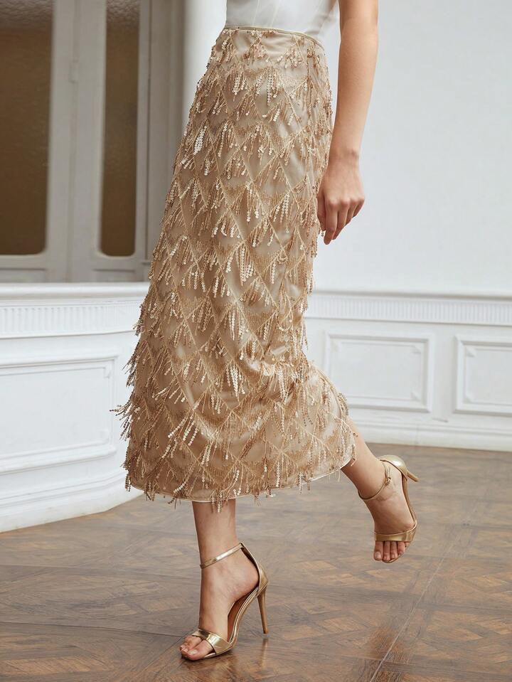 CM-BS966127 Women Elegant Seoul Style Premium Sequin Fringe Midi Skirt - Khaki