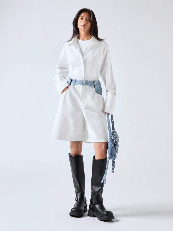 CM-BS011632 Women Casual Seoul Style Low Waist Contrast Loose Mid-Length Wide Leg Denim Short Pants