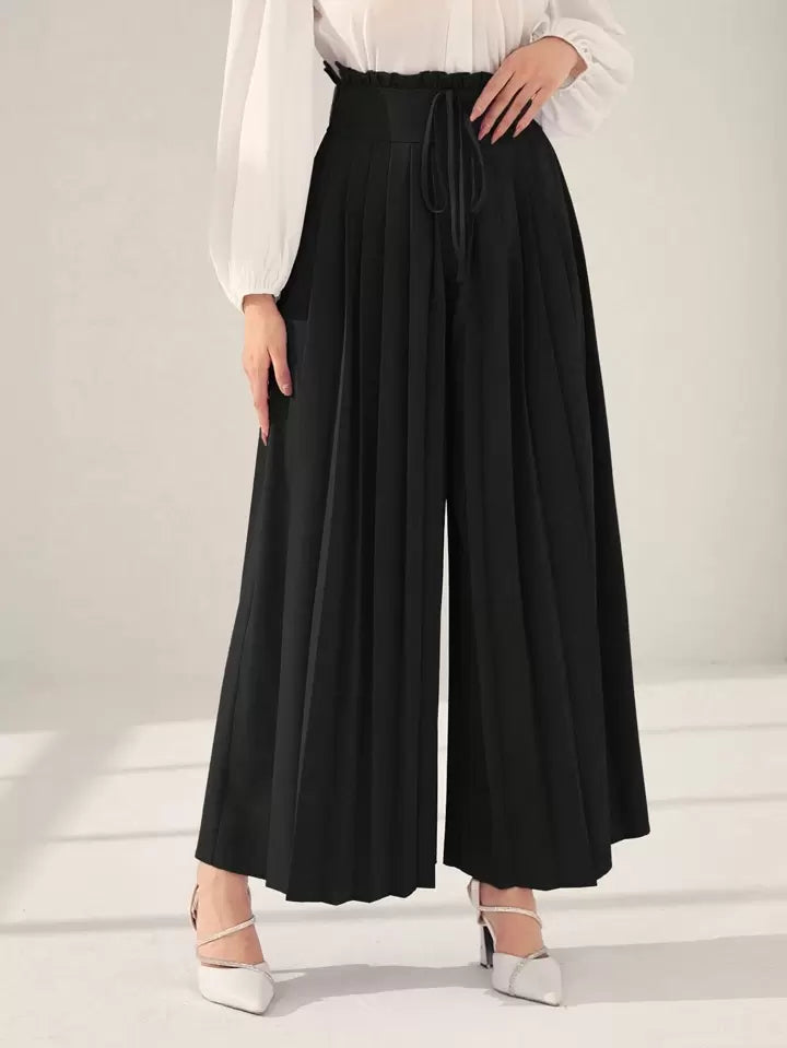 CM-BS451450 Women Trendy Bohemian Style High Waist Pleated Wide Leg Pants - Black