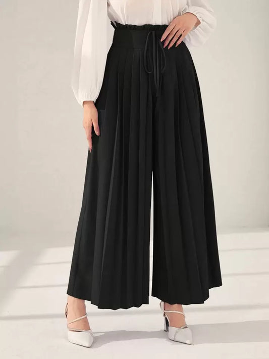 CM-BS451450 Women Trendy Bohemian Style High Waist Pleated Wide Leg Pants - Black