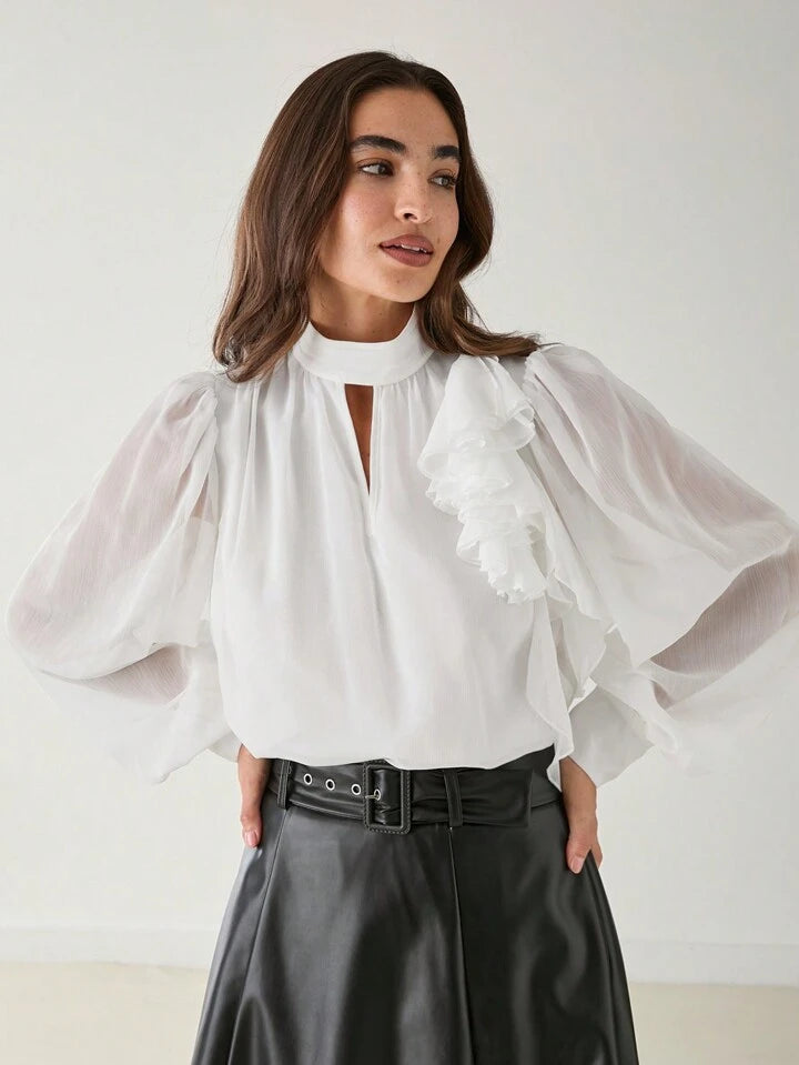 CM-TS119112 Women Elegant Seoul Style Stand Collar Long Sleeve Ruffle Trim 3D Floral Blouse - White