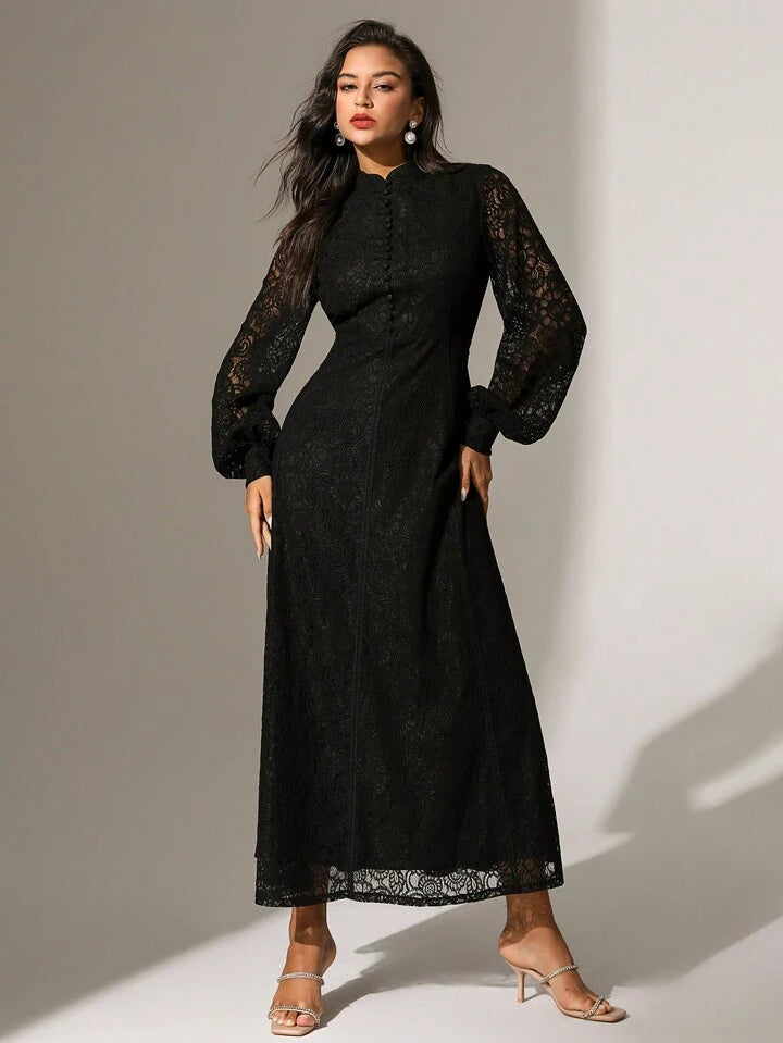 CM-DS748677 Women Elegant Seoul Style Lace Mandarin Collar Long Sleeve A-Line Dress - Black