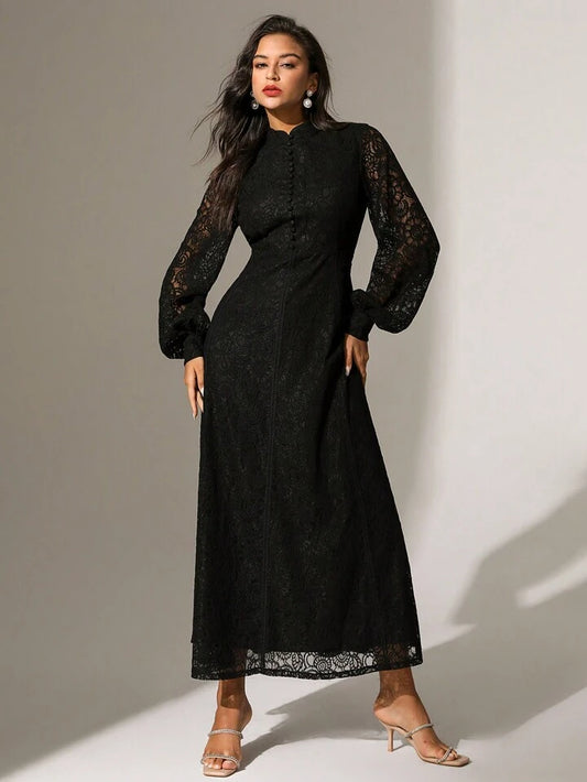 CM-DS748677 Women Elegant Seoul Style Lace Mandarin Collar Long Sleeve A-Line Dress - Black