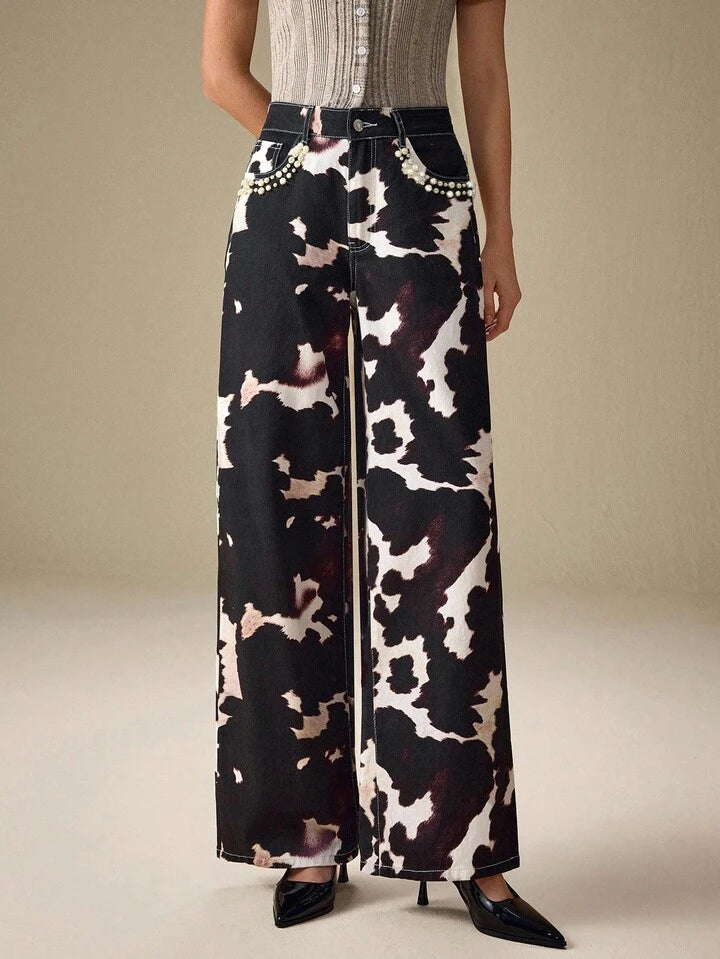 CM-BS448745 Women Casual Seoul Style All-Over Print Elastic Mid Waist Extra Long Straight-Leg Denim Jeans