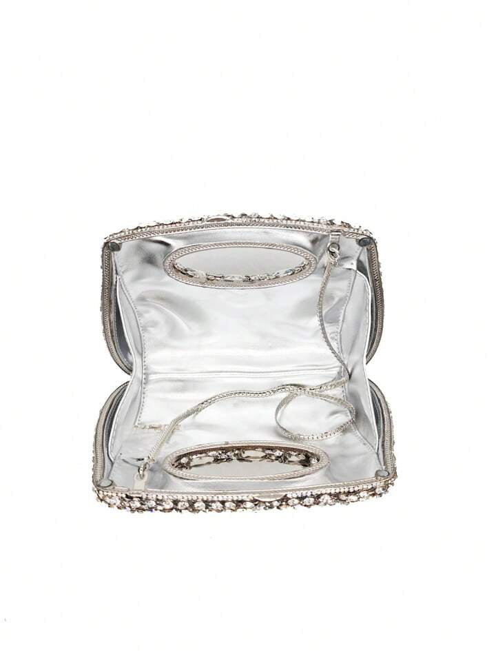 CM-BGS369899 Women Elegant Seoul Style Handmade Glass Rhinestone Clutch Bag - Silver