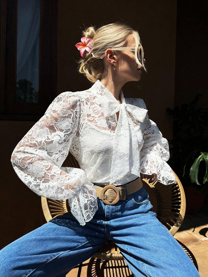 CM-TS646834 Women Trendy Bohemian Style Bow-Tie Strap Lantern Sleeve Lace Shirt - White